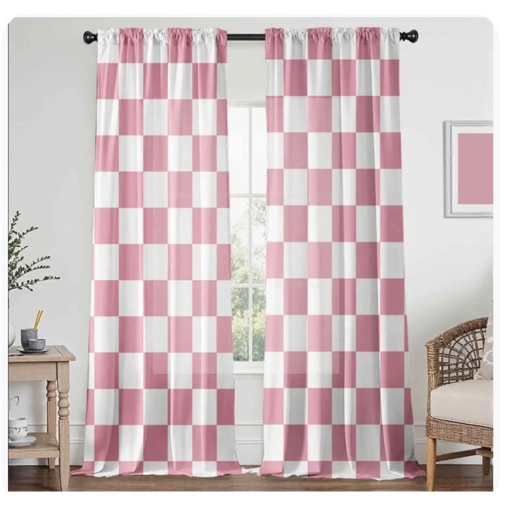 Pink White Checkered Curtains 2 Panel Set 52"x84" each Retro Rod Pocket Girly